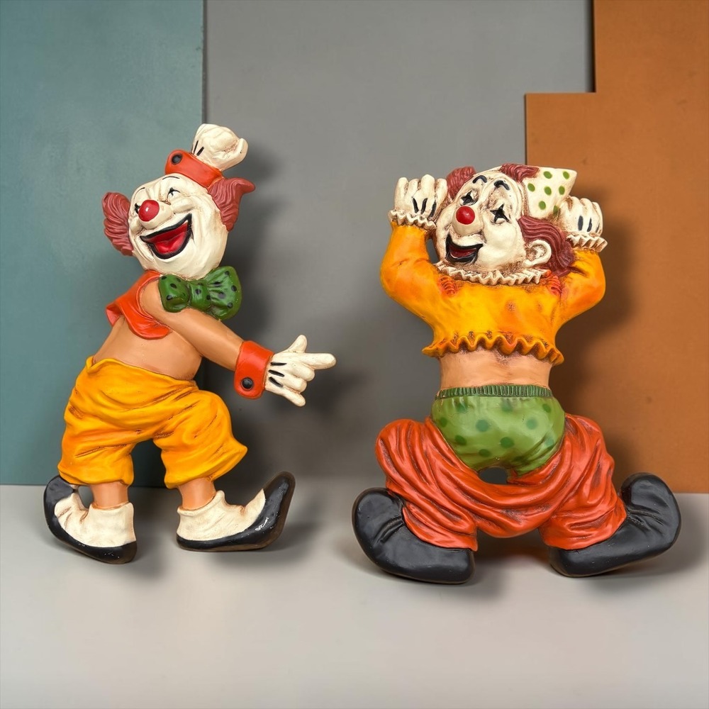 Vintage Homco Clown Wall Plaques Set of 2 Orange Green Plastic Circus Decor